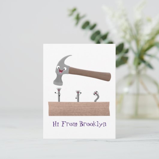 かわいいおもしろいハンマーと爪、 ネイル漫画イラストレーション ポストカード (スタンド正面)