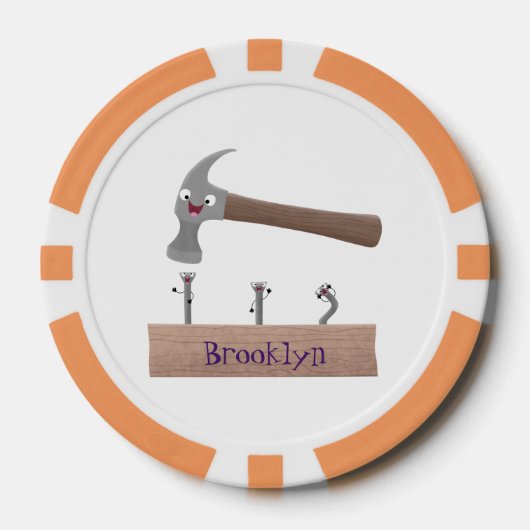 かわいいおもしろいハンマーと爪、 ネイル漫画イラストレーション ポーカーチップ (正面)