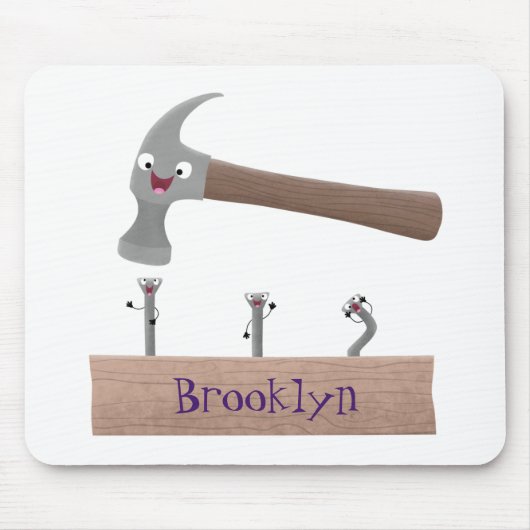 かわいいおもしろいハンマーと爪、 ネイル漫画イラストレーション マウスパッド (正面)