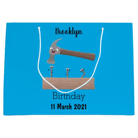 かわいいおもしろいハンマーと爪、 ネイル漫画イラストレーション ラージペーパーバッグ (正面)