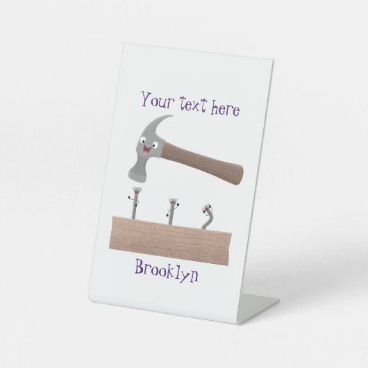 かわいいおもしろいハンマーと爪、 ネイル漫画イラストレーション 台座サイン (正面)