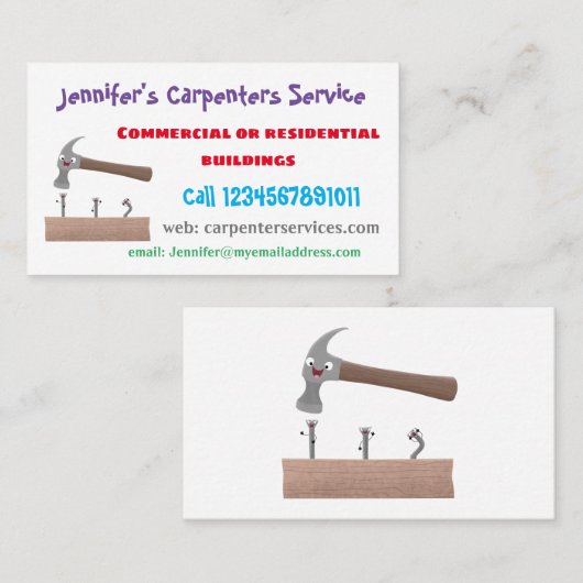 かわいいおもしろいハンマーと爪、 ネイル漫画イラストレーション 名刺 (正面/裏面)