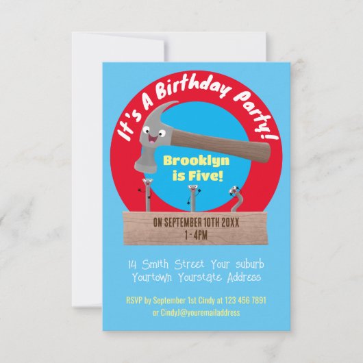 かわいいおもしろいハンマーと爪、 ネイル漫画イラストレーション 招待状 (正面)