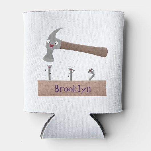 かわいいおもしろいハンマーと爪、 ネイル漫画イラストレーション 缶クーラー (正面)