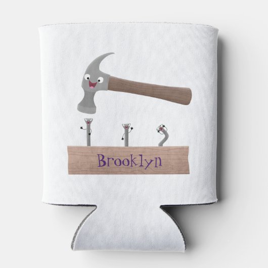 かわいいおもしろいハンマーと爪、 ネイル漫画イラストレーション 缶クーラー (裏面)