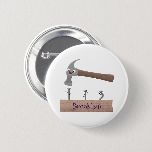 かわいいおもしろいハンマーと爪、 ネイル漫画イラストレーション 缶バッジ (正面&裏面)