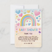 かわいいおもしろいハートとレインボーベビーシャワー サンキューカード (正面)