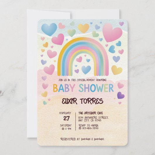 かわいいおもしろいハートとレインボーベビーシャワー 招待状 (正面)