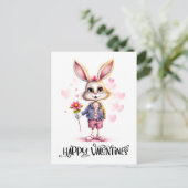 かわいいおもしろいバレンタインラビットピンクの花 ポストカード (スタンド正面)