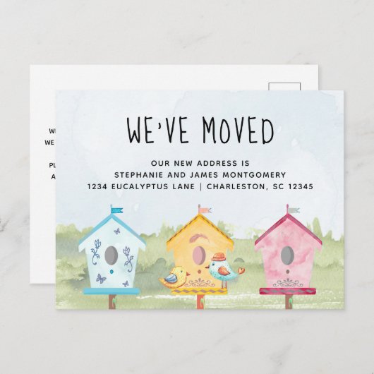 かわいいおもしろいバードハウスムービング 案内ポストカード (正面/裏面)