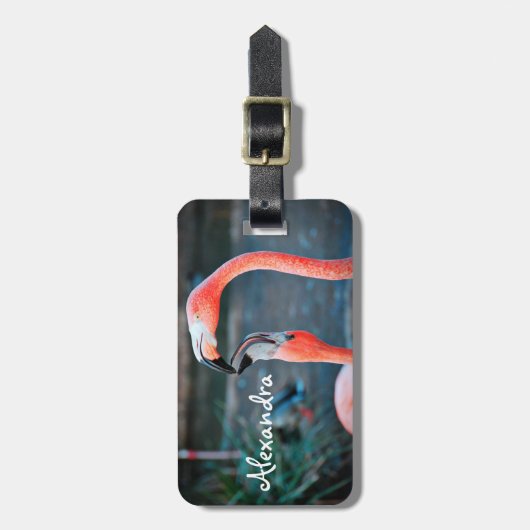 かわいいおもしろいピンクのフラミンゴの鳥の写真名前をカスタムする ラゲッジタグ (正面縦)