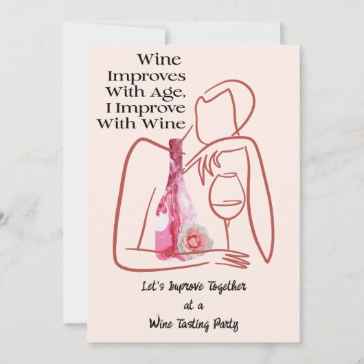 かわいいおもしろいピンクのフローラワインパーティー 招待状 (正面)