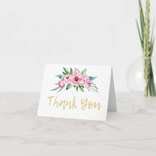 かわいいおもしろいピンク金ゴールドフローラ最初の誕生日写真 サンキューカード (正面)