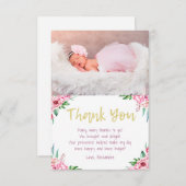 かわいいおもしろいピンク金ゴールドフローラ誕生日写真 サンキューカード (正面/裏面)