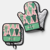 かわいいおもしろいピンク&グリーンクリスマスツリーパターン名 鍋つかみ&鍋敷きセット (正面/裏面)