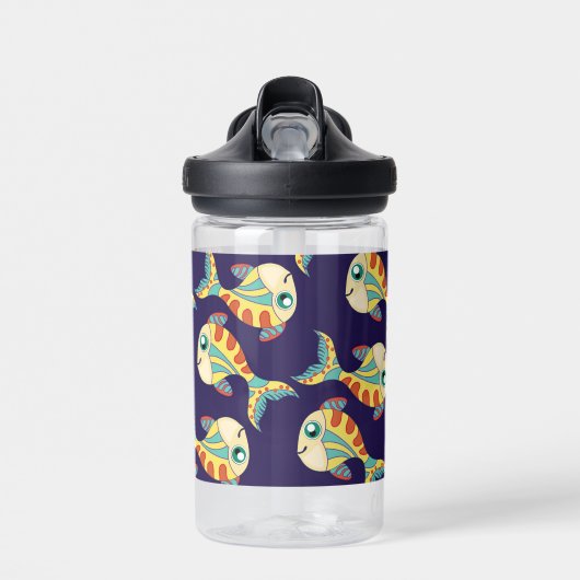 かわいいおもしろいフィッシュパターンネイビーブルー ウォーターボトル (正面)