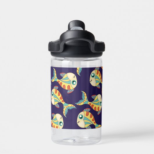 かわいいおもしろいフィッシュパターンネイビーブルー ウォーターボトル (背面)