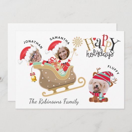 かわいいおもしろいフォトサンタファミリードッグトナカイクリスマス シーズンカード (正面/裏面)