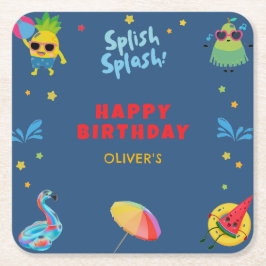 かわいいおもしろいフルーツ夏プール誕生日パーティー スクエアペーパーコースター