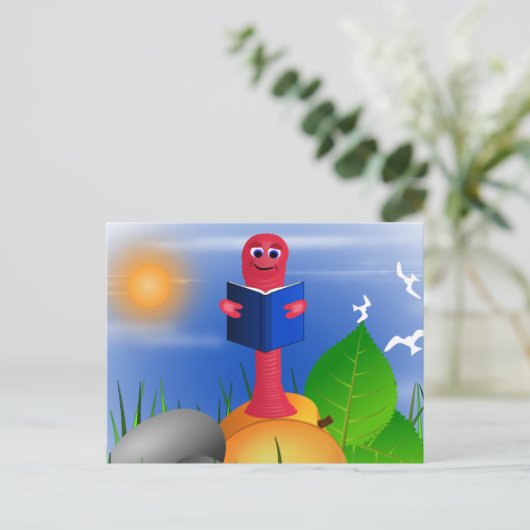 かわいいおもしろいブックワームのブックハガキ ポストカード (スタンド正面)