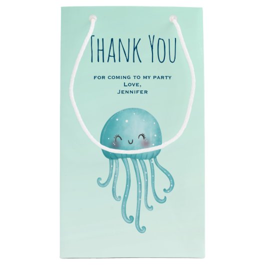 かわいいおもしろいブルーグリーンクラゲパーティーありがとう スモールペーパーバッグ (裏面)