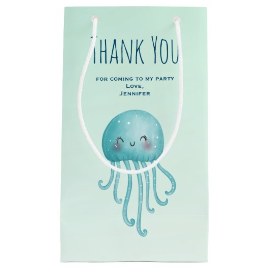 かわいいおもしろいブルーグリーンクラゲパーティーありがとう スモールペーパーバッグ (正面)