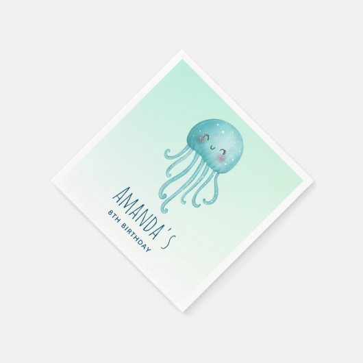 かわいいおもしろいブルーグリーンクラゲ誕生日 スタンダードカクテルナプキン (角)