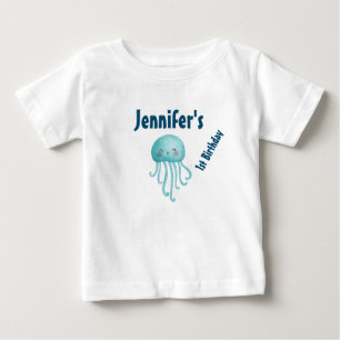 かわいいおもしろいブルーグリーンクラゲ誕生日 ベビーTシャツ