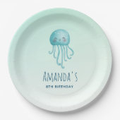 かわいいおもしろいブルーグリーンクラゲ誕生日 ペーパープレート (正面)