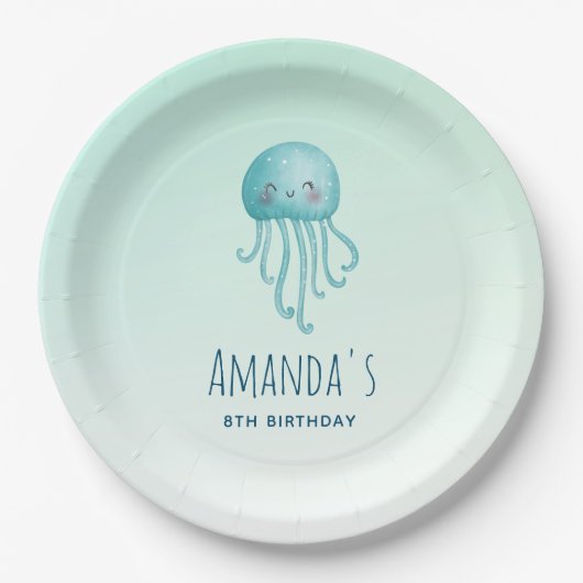 かわいいおもしろいブルーグリーンクラゲ誕生日 ペーパープレート (正面)