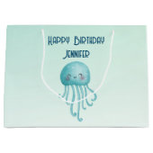 かわいいおもしろいブルーグリーンクラゲ誕生日 ラージペーパーバッグ (正面)