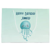 かわいいおもしろいブルーグリーンクラゲ誕生日 ラージペーパーバッグ (裏面)