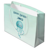 かわいいおもしろいブルーグリーンクラゲ誕生日 ラージペーパーバッグ (裏面アングル)