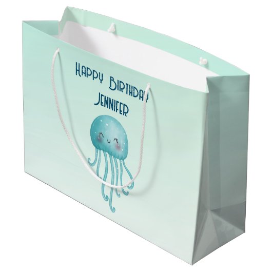 かわいいおもしろいブルーグリーンクラゲ誕生日 ラージペーパーバッグ (裏面アングル)