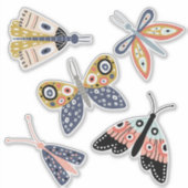 かわいいおもしろいブルーピンクの蝶の蛾5つの別々 シール (正面)