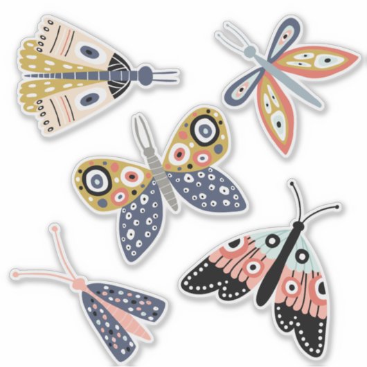 かわいいおもしろいブルーピンクの蝶の蛾5つの別々 シール (正面)