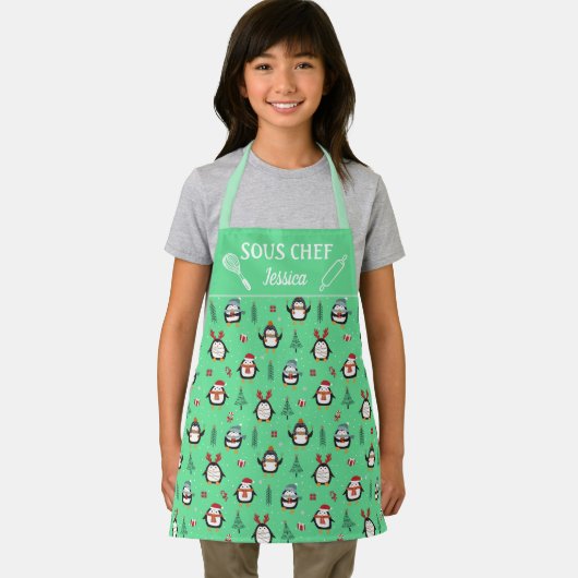 かわいいおもしろいペンギンのクリスマスツリー雪スーシェフ エプロン (インサイチュ)