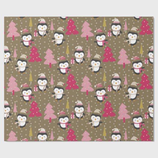 かわいいおもしろいペンギンピンクのクリスマスツリーキッズクリスマス ラッピングペーパー (フラット)