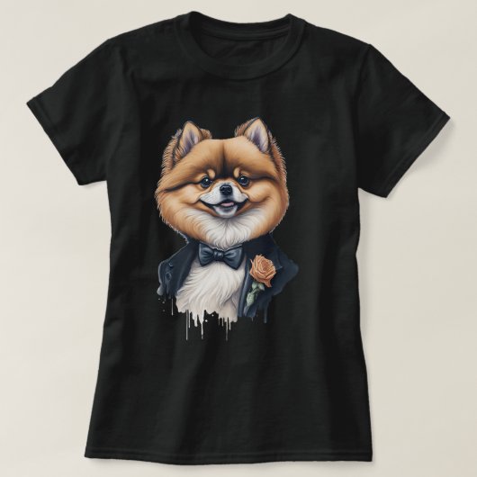 かわいいおもしろいポメラニア犬犬が服を着てフォーマルいる Tシャツ (デザイン正面)