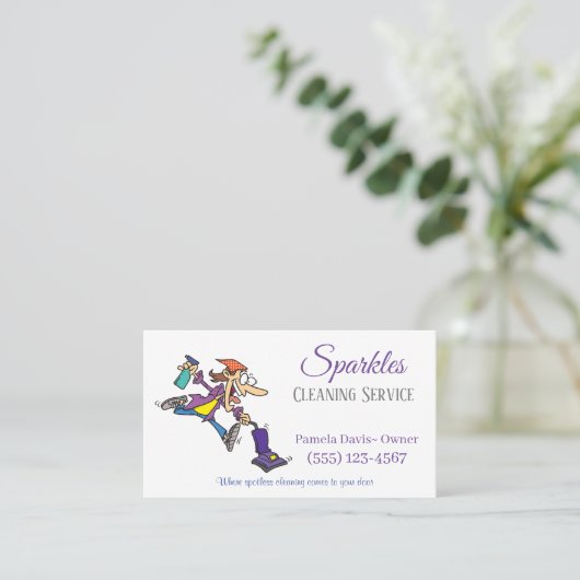 かわいいおもしろいマンガのメイド・ハウス清掃サービス 名刺 (スタンド正面)