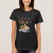 かわいいおもしろいマンガの黒猫食べラーメン日本の Tシャツ (正面)