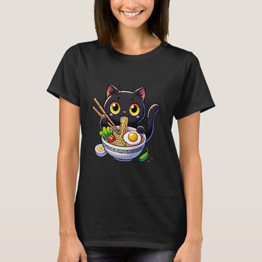 かわいいおもしろいマンガの黒猫食べラーメン日本の Tシャツ (正面)