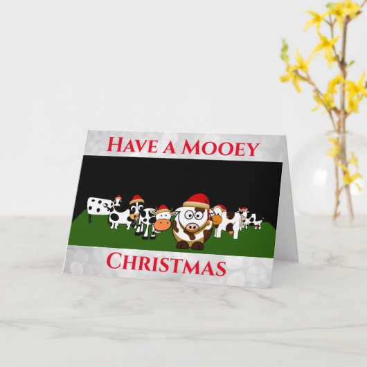 かわいいおもしろいマンガ牛のクリスマス カード (黄色い花)