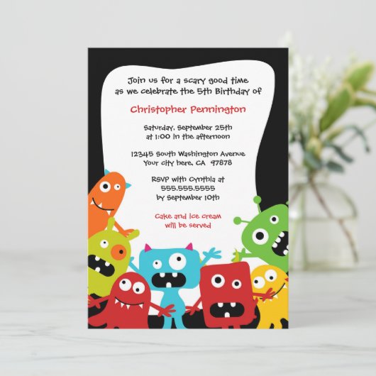 かわいいおもしろいモンスターの男の子の誕生日のパーティの招待状 招待状 (スタンド正面)