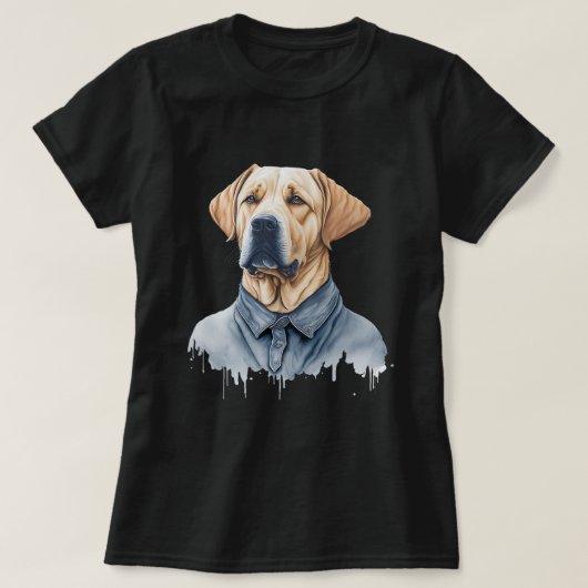 かわいいおもしろいラブラドール犬が服を着てカジュアルいる Tシャツ (デザイン正面)