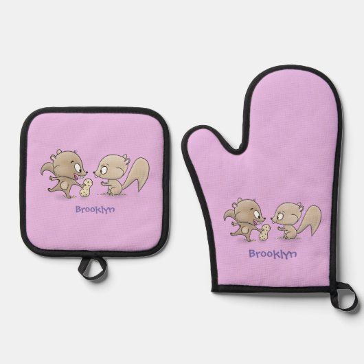 かわいいおもしろいリス漫画イラストレーション 鍋つかみ&鍋敷きセット (正面)