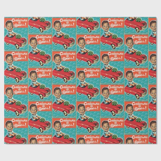 かわいいおもしろいレトロヴィンテージクリスマスおもちゃ車と男の子 ラッピングペーパー (フラット)
