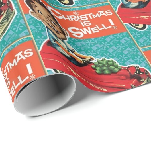かわいいおもしろいレトロヴィンテージクリスマスおもちゃ車と男の子 ラッピングペーパー (ロールコーナー)