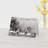 かわいいおもしろいヴィンテージ猫の誕生日パーティーピクニック カード (黄色い花)