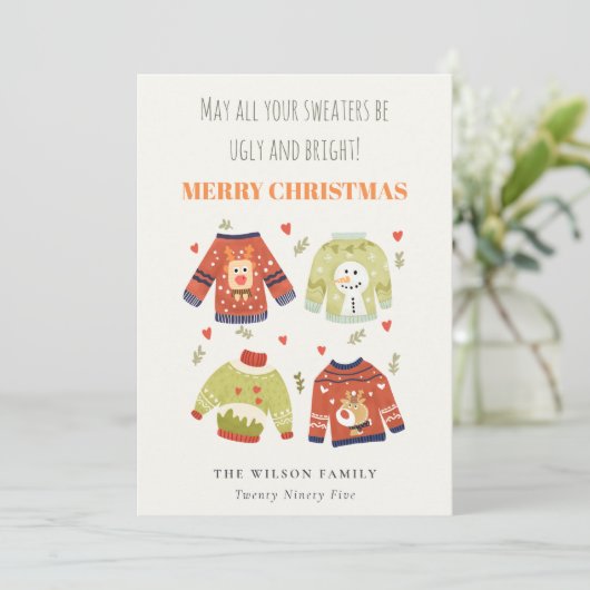かわいいおもしろい冬のクリスマスハート醜いセーター シーズンカード (スタンド正面)